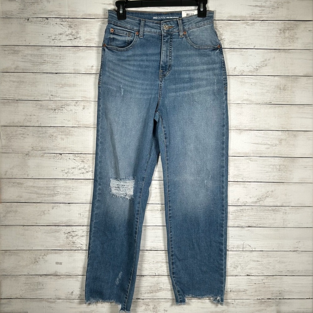 INC Macy’s Jeans Core Denim High Waist Straight Distressed Raw Hem 4/27 NWT $70